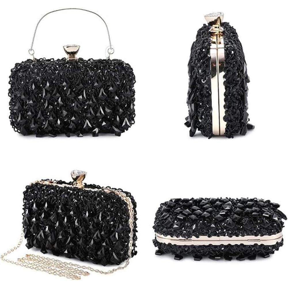 Black Beaded Sequin Fringe Evening Bag Clutch Purse Gold Clasp Prom Glam